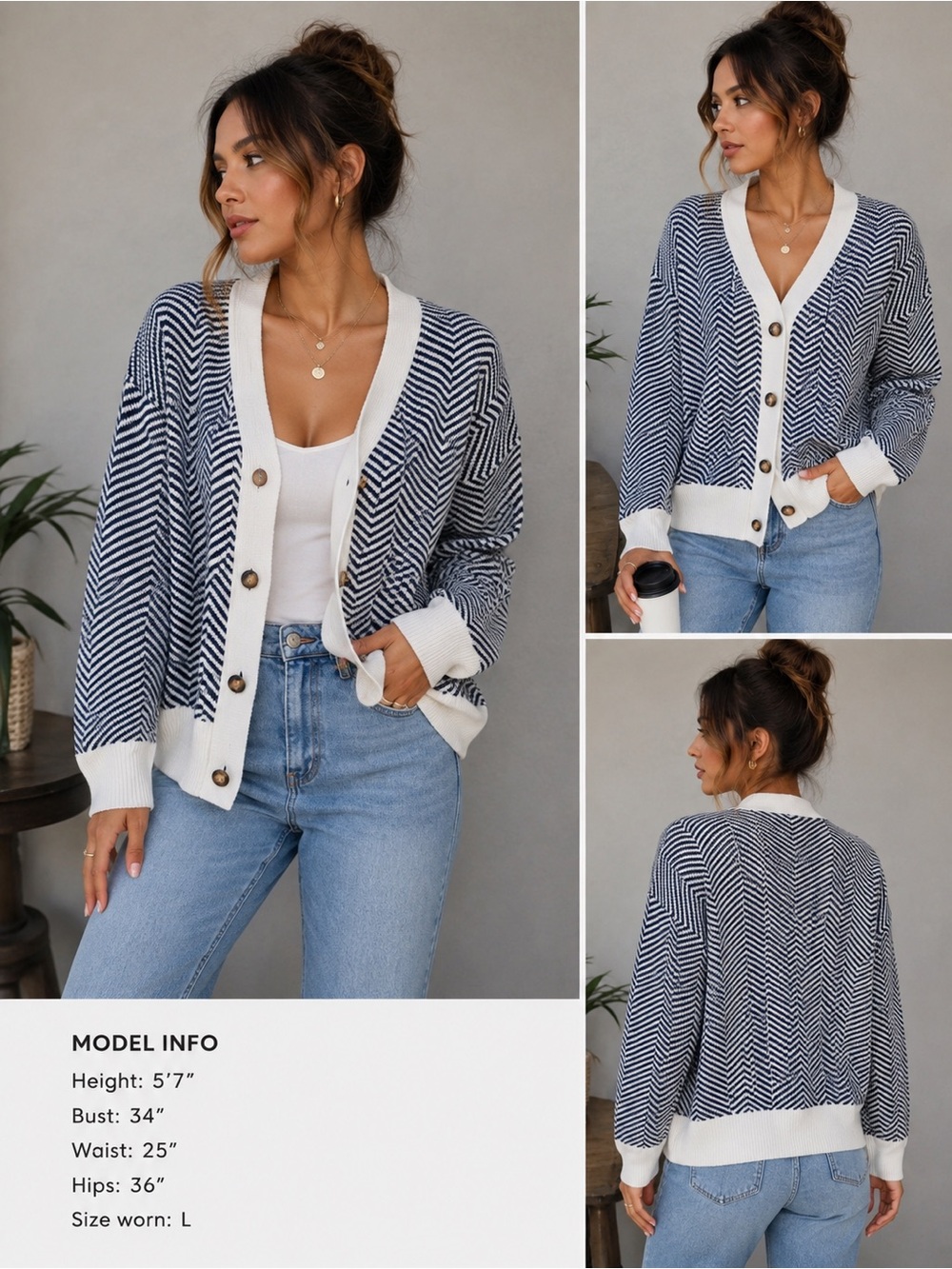 NWT Navy White Chevron Stripe Contrast V neck Cardigan Sweater L layering Casual